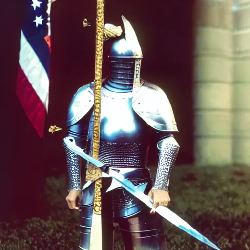 Prompt: photo of donald trump, kodak portra 4 0 0, wearing knight ’ s armor, two arms, two legs, symmetrical face, donald trump ’ s face, donald trump, donald trump holding a mythical sword, highly detailed