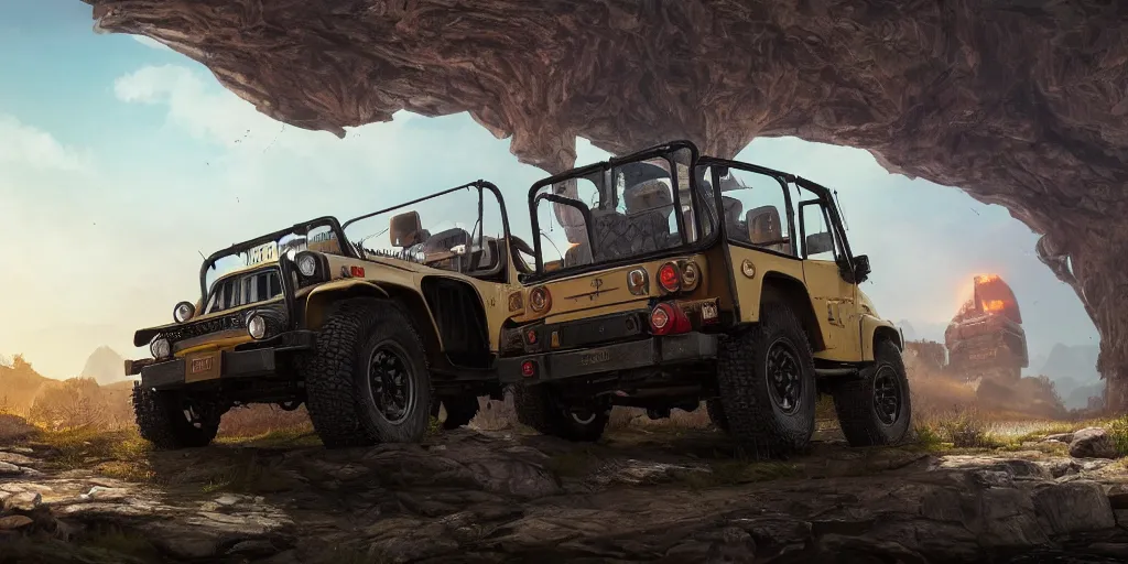 Image similar to mahindra thar, an epic fantasy, dramatic lighting, cinematic, establishing shot, extremely high detail, photorealistic, cinematic lighting, artstation, by simon stalenhag, in the style of forza horizon 5, zaha hadid