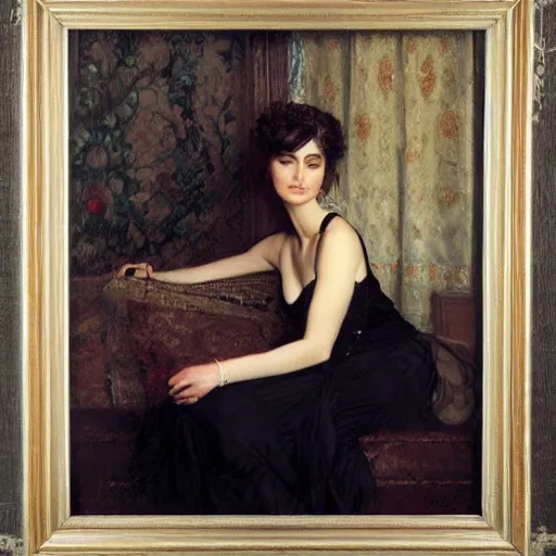 Image similar to detailed portrait of lilly collins in black clothes, spring light, painting by gaston bussiere, craig mullins, j. c. leyendecker