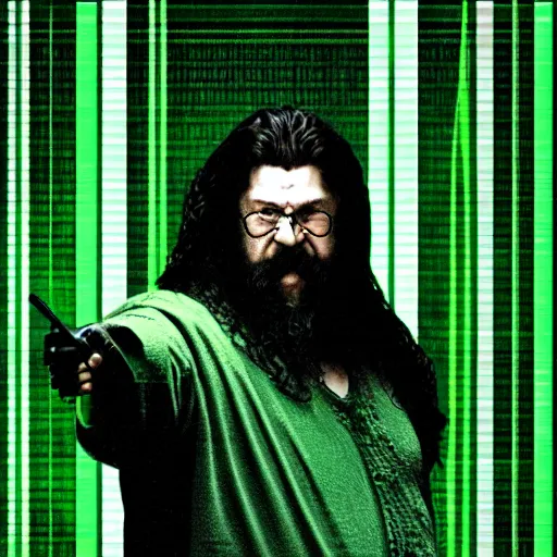 Image similar to walls of green text, lines of green code, ps1 hagrid as neo from The Matrix (1999), background is green lines of text, CGSociety