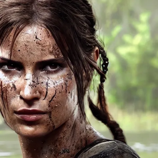 Prompt: film scene lara croft emerges from the river water, her face is covered with mud, part of the body is still in the river