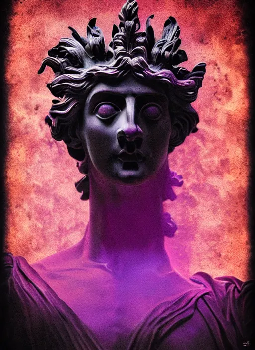 Image similar to elegant dark design poster showing a large greco roman statue of dionysus, black background with very subtle red and purple design elements, bold, powerful, nekro, vito acconci, thin straight purple lines, dark, glitch art, neo vaporwave, gritty, layout frame, square, trending on artstation