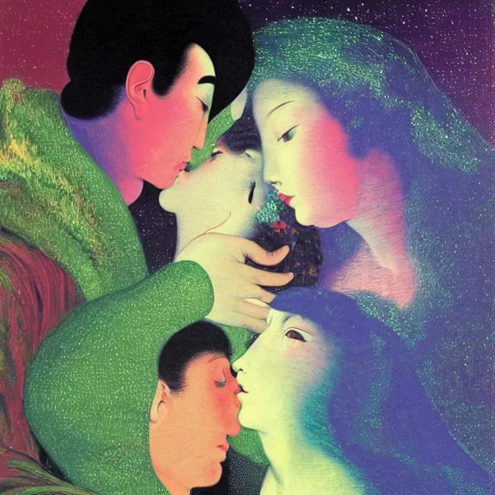 Image similar to close portrait of woman and man kissing. aurora borealis. iridescent, vivid psychedelic colors. painting by caravaggio, agnes pelton, utamaro, monet