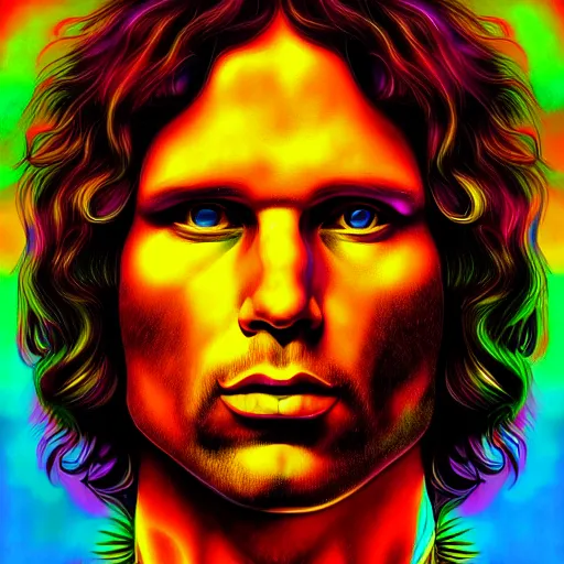 Image similar to An extremely psychedelic portrait of Jim Morrison, surreal, LSD, face, detailed, intricate, elegant, lithe, highly detailed, digital painting, artstation, concept art, smooth, sharp focus, illustration