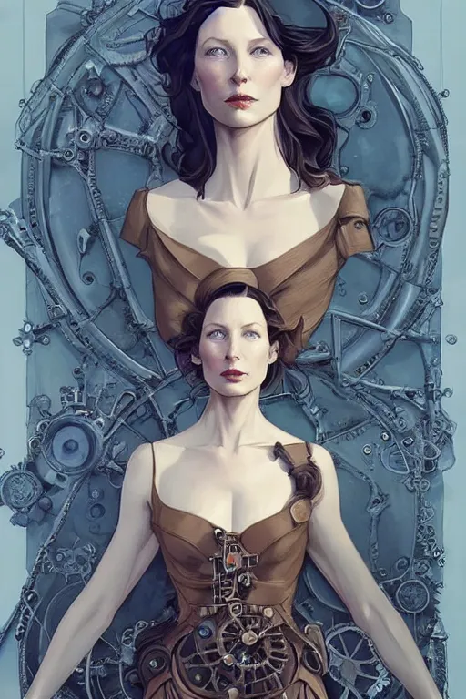 Image similar to in the style of joshua middleton, artgerm, beautiful caitriona balfe, steampunk, full body, blue dress, elegant pose, middle shot, spooky, symmetrical face, symmetrical eyes, detailed realisitc eyes, detailed realistic eyes, detailed and intricate