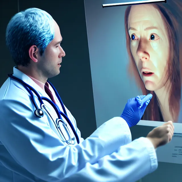 Image similar to temporal leakage temporal leakage movie poster, a photo of a doctor diagnosing a patient highly detailed, octane render by tomino sama