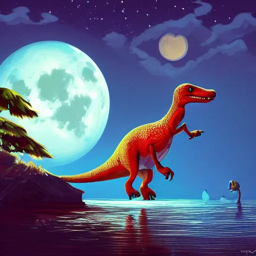 Image similar to cute dino in lake under big full moon, by Slavko Kahovsky, sharp focus, highly detailed, ArtStation