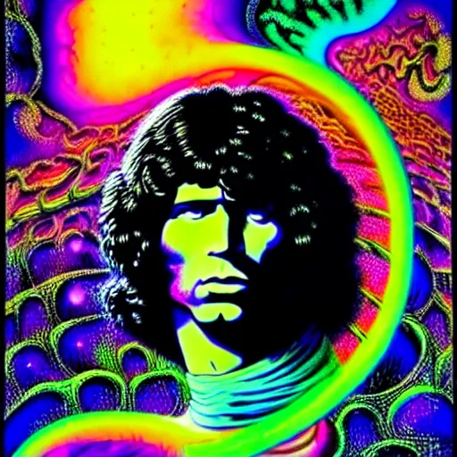 Image similar to a portrait of jim morrison by a mythical crystal temple, fractal waves, synthwave, bright neon colors, highly detailed, cinematic, eyvind earle, tim white, philippe druillet, roger dean, ernst haeckel, lisa frank, aubrey beardsley