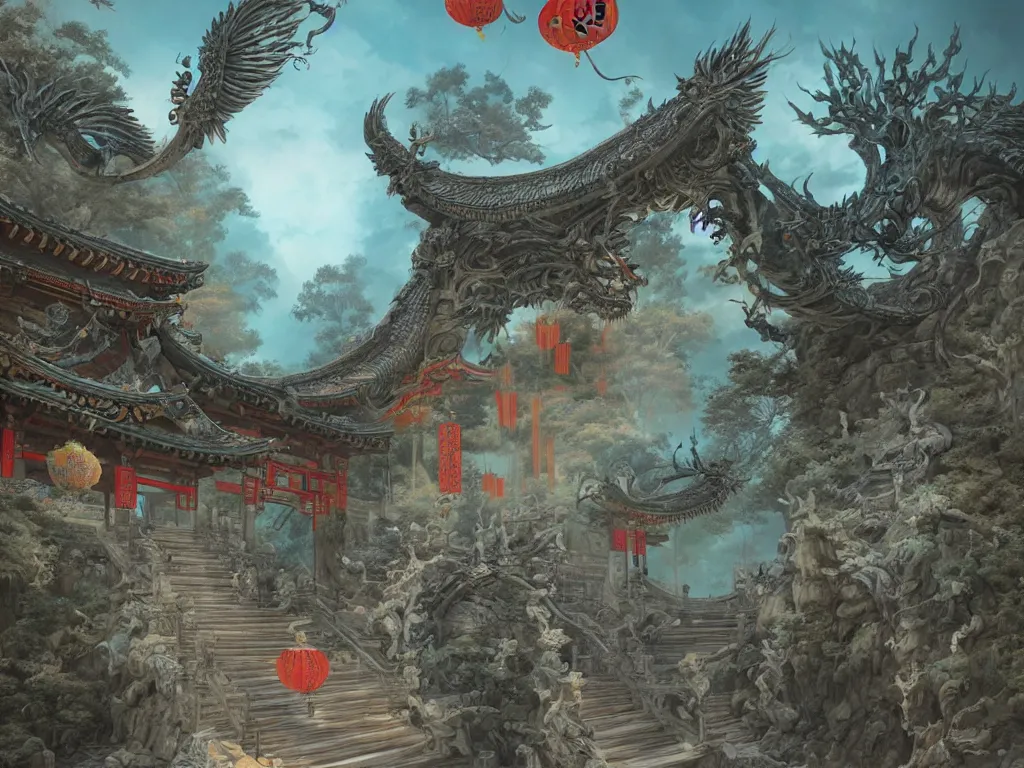 Image similar to tang dynasty shinto gate at the top of many stone steps, a chinese dragon flies behind by peter mohrbacher and dan mumford and nekro, cgsociety, volumetric light, 3 d render