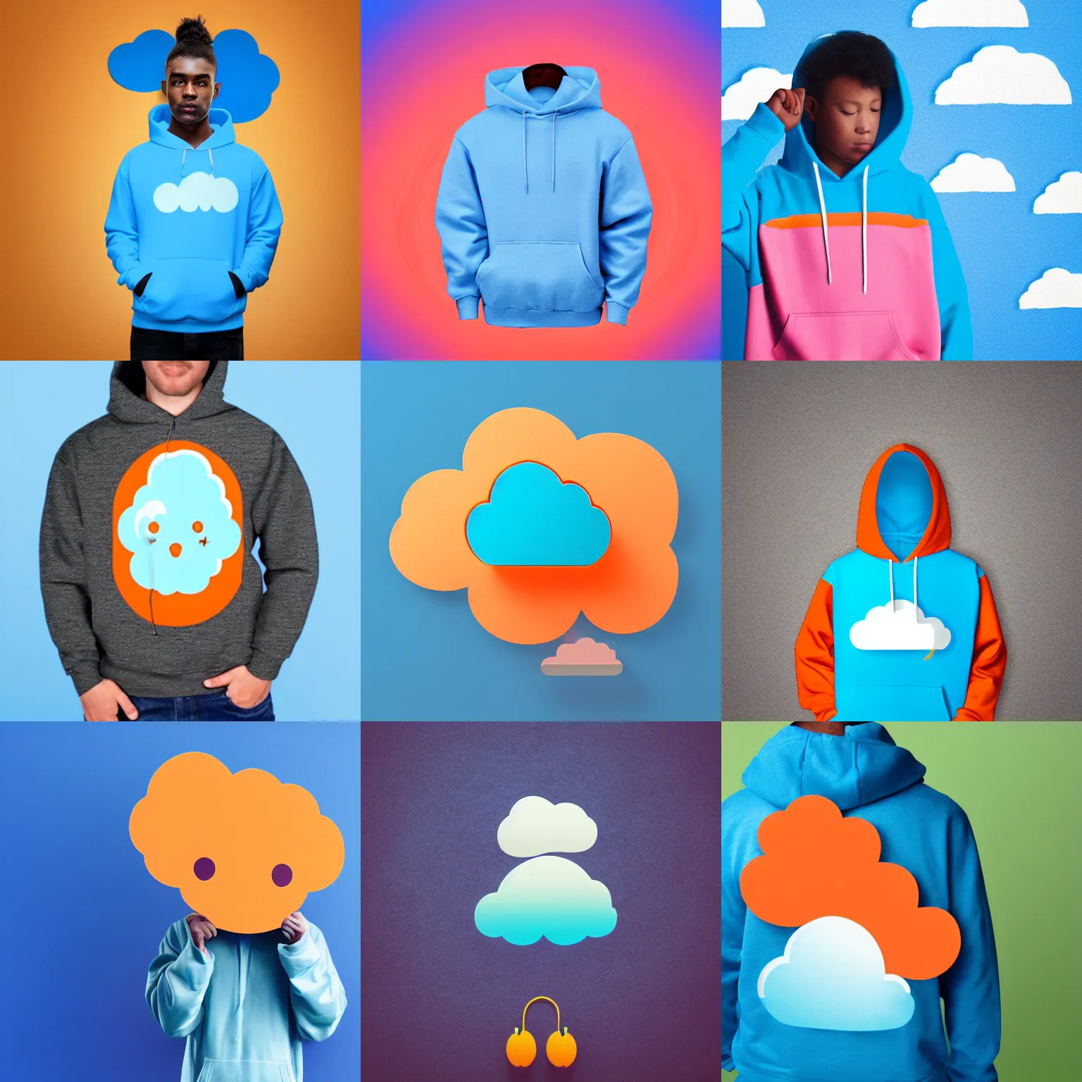 Prompt: a cloud wearing a cyan hoodie, in front of an orange background