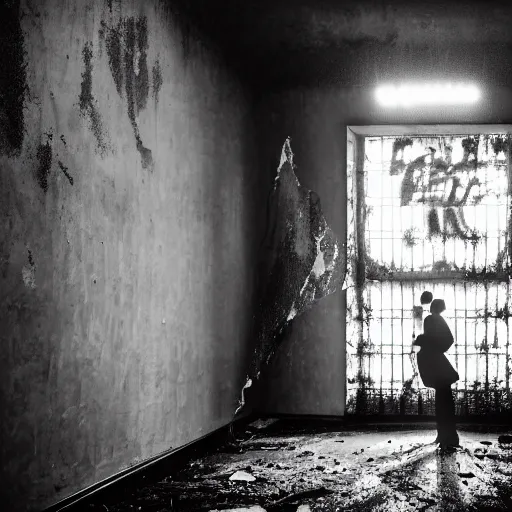 Image similar to a dark photo of two shadowy figures hugging each other in a birdcage in an abandoned hall, paint is falling off, black and white, 5 0 mm