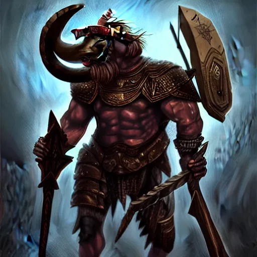 Prompt: epic bull headed minotaur beast in heavy ornate armor wielding giant axe, artwork, concept art, greek mythology, detailed, modern design, dark fantasy, digital painting, artstation, d&d