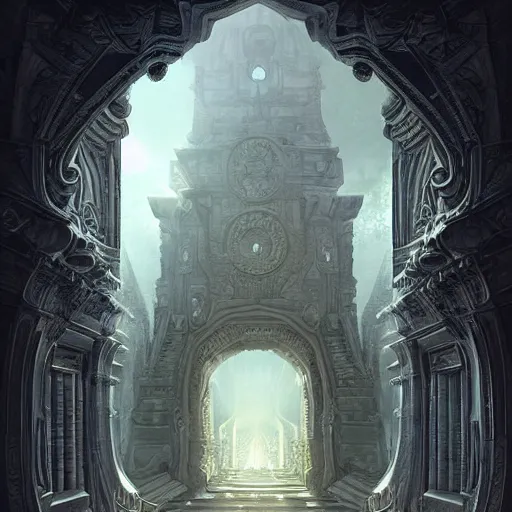 Prompt: carved futuristic door at the end of ancient ornate steps shows a large window to a city detailing the vast architectural scientific ancient and cultural acheivements of humankind, magical atmosphere, jorge jacinto, andreas rocha, damian kryzwonos, ede laszlo, christian reiske, trending on artsation, digital art, cinematic blue gold