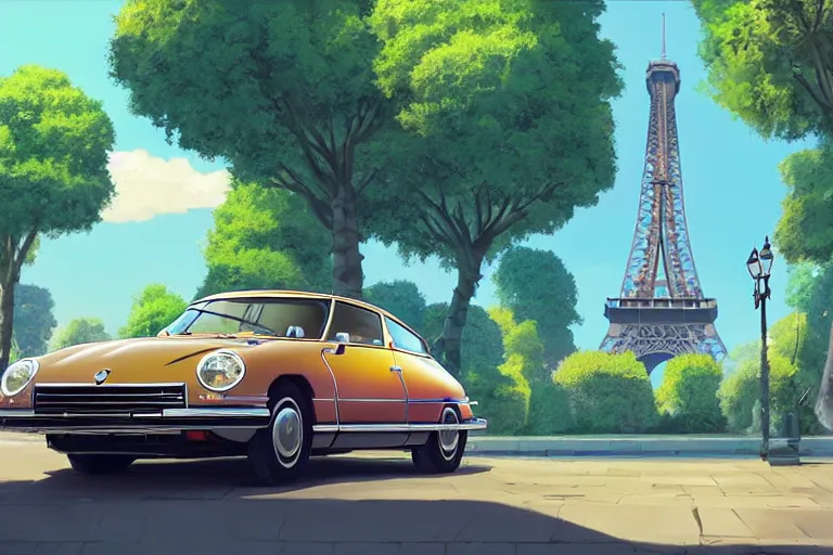 Image similar to a wholesome animation key shot of!! one!! focused! 1 9 7 4 citroen ds! in a tree lined paris street, view of eiffel tower, medium shot, studio ghibli, ( pixar ) and disney animation, sharp, very detailed, high resolution, rendered in unreal engine 5, anime key art by greg rutkowski, bloom, dramatic lighting