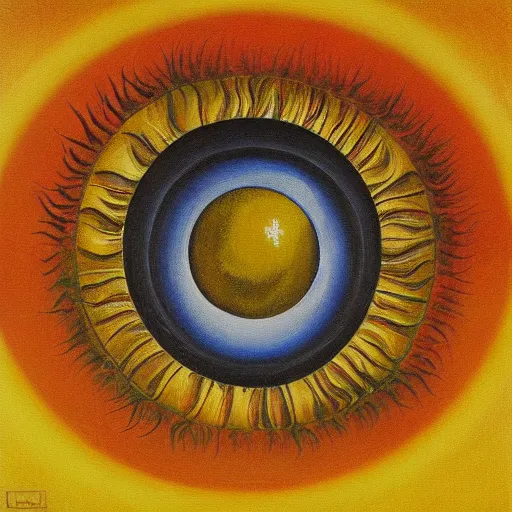 Image similar to a painting of the eyes of the sun by max ernst, high detail, trending on artstation