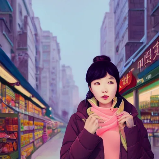 Image similar to a beautiful chinese woman in a down jacket with a grocery store in the background ambient lighting, 4 k, lois van baarle, ilya kuvshinov, rossdraws, alphonse mucha, jung gi kim, artstation