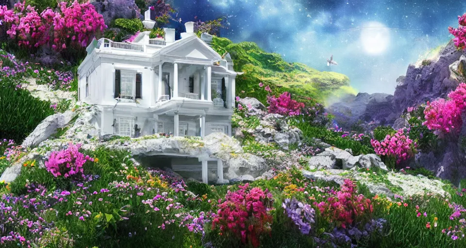 Image similar to small white house in canyon filled with flowers, space ship flying by, photorealistic, artstation, detailed