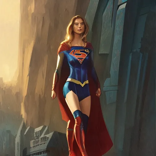 Image similar to Gal Gadot as Supergirl, intricate, highly detailed, digital painting, artstation, concept art, sharp focus, illustration, art by greg rutkowski and alphonse mucha