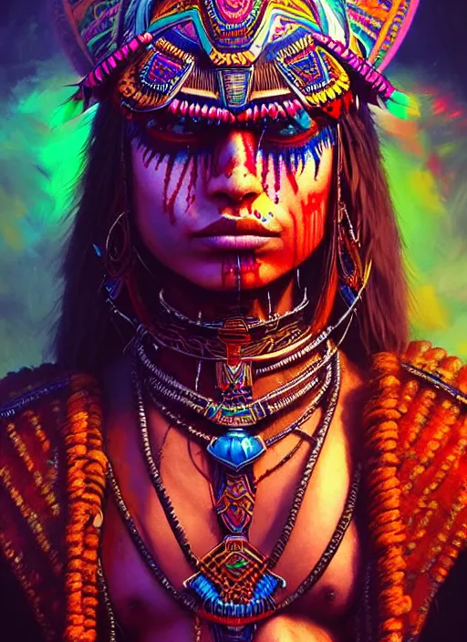 Image similar to hyper detailed ultra sharp aztec shaman warrior trance girl. trending on artstation, warpaint aesthetic, bloodwave, colorful, psychedelic, ornate, intricate, digital painting, concept art, smooth, sharp focus, illustration, art by artgerm and greg rutkowski and h. r. giger, 8 k