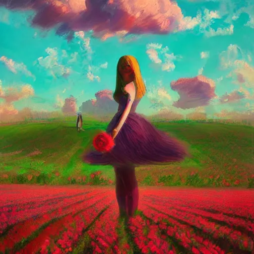 Image similar to giant rose as a head, girl standing in a flower field, surreal photography, sunrise dramatic light, impressionist painting, colorful clouds, digital painting, artstation, simon stalenhag