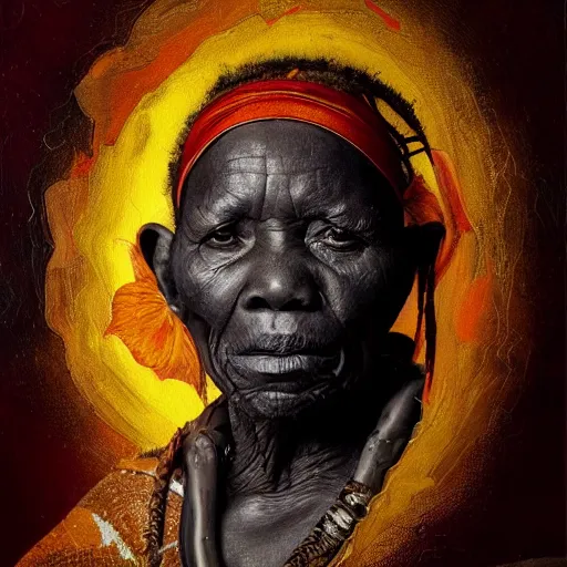 Image similar to a painting of a wise elder from Kenya by Wangechi Mutu . dramatic angle, ethereal lights, details, smooth, sharp focus, illustration, realistic, cinematic, artstation, award winning, rgb , unreal engine, octane render, cinematic light, macro, depth of field, blur, red light and clouds from the back, highly detailed epic cinematic concept art CG render made in Maya, Blender and Photoshop, octane render, excellent composition, dynamic dramatic cinematic lighting, aesthetic, very inspirational, arthouse.