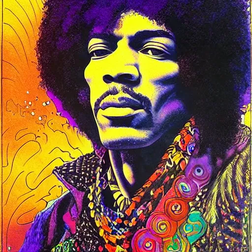 Image similar to colorfull artwork by Franklin Booth showing a portrait of Jimi Hendrix