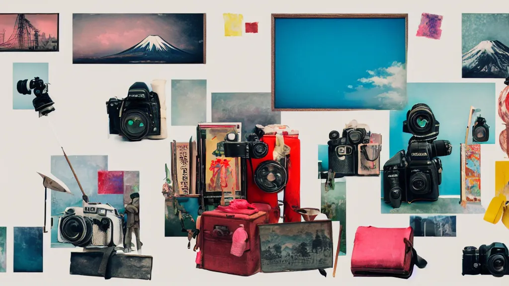 Image similar to an arrangement of dslr photographer traveller props, japan, a collage painting, in the style of wes anderson, lola dupre, david hockney, isolated on negative white space background dark monochrome neon spraypaint accents volumetric octane render