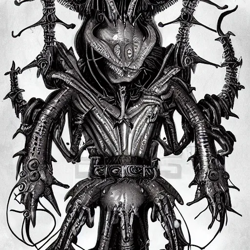 Prompt: goth metal head alien species, detailed, weird, belts