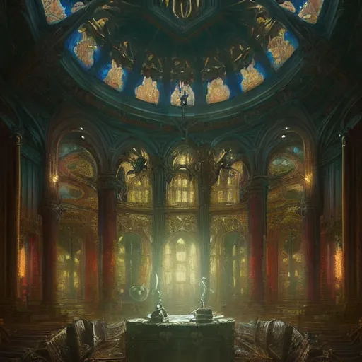 Image similar to eldritch legislature, fantasy, realistic colorful photography, interior, hyperrealism, incredible, award - winning photography, regal, rich colors, by greg rutkowski, lovecraftian