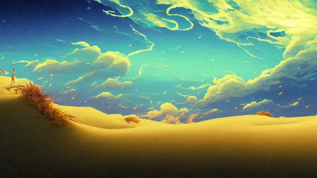 Prompt: highly detailed illustration of sand dunes with fireflies and and lots of cummulonimbus clouds by makoto shinkai, by moebius, by oliver vernon, by joseph moncada, by damon soule, by manabu ikeda, by kyle hotz, by dan mumford, by otomo, 4 k resolution