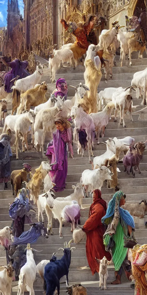 Prompt: a herd of goats! on stairs in a beautiful fantasy cathedral, epic, grandiose, many goats, magic, tall towers, gorgeous clouds, colorful, sunrays, digital painting, landscape, octane render, unreal engine, high detail, very realistic, by alphonse mucha