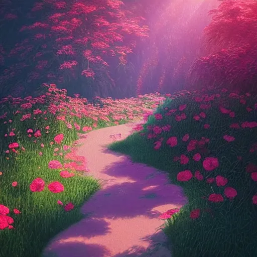 Image similar to “A beautiful painting of a forest in summer, wild roses in distance, sunlight, detailed, light effect, Trending on artstation, by beeple, Makoto Shinkai”