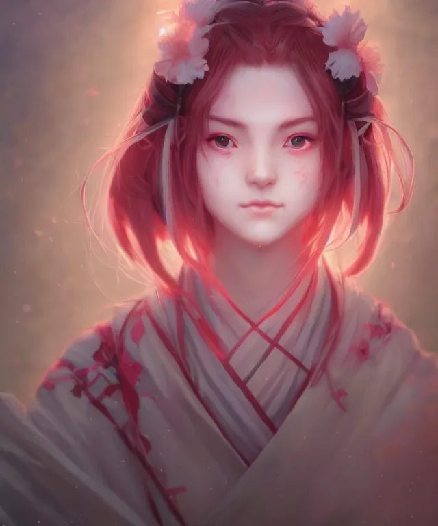 Prompt: cute friendly shrine maiden by charlie bowater and titian and artgerm, intricate, face, japanese shrine, elegant, pink mist, beautiful, highly detailed, dramatic lighting, sharp focus, trending on artstation, artstationhd, artstationhq, unreal engine, 4 k, 8 k