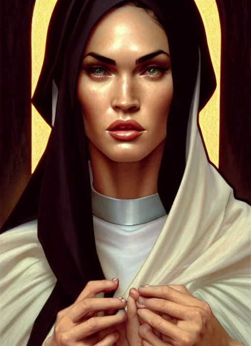 Image similar to portrait of megan fox as a sultry nun, catholic, church, bible, christian, intricate, headshot, highly detailed, digital painting, artstation, concept art, sharp focus, cinematic lighting, illustration, art by artgerm and greg rutkowski, alphonse mucha, cgsociety