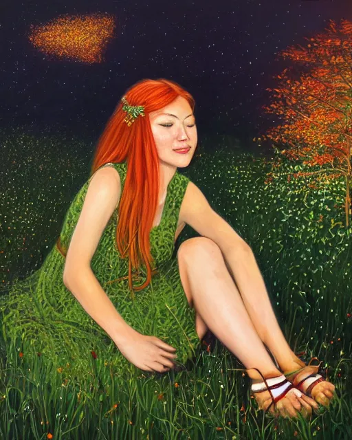 Image similar to a young woman, admiring the lights of golden fireflies, sitting in the midst of nature fully covered with a wonderful dress, long loose red hair, intricate details, green eyes, small nose with freckles, oval shape face, soft happy smile, realistic, expressive emotions, hyper realistic highly detailed art by april gornik and artgerm