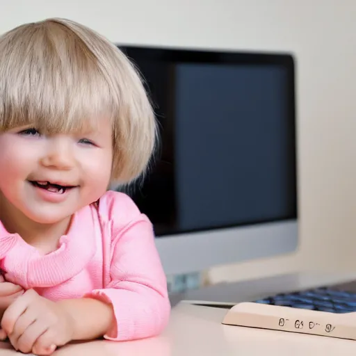 Image similar to toddler with light hair using desktop computer