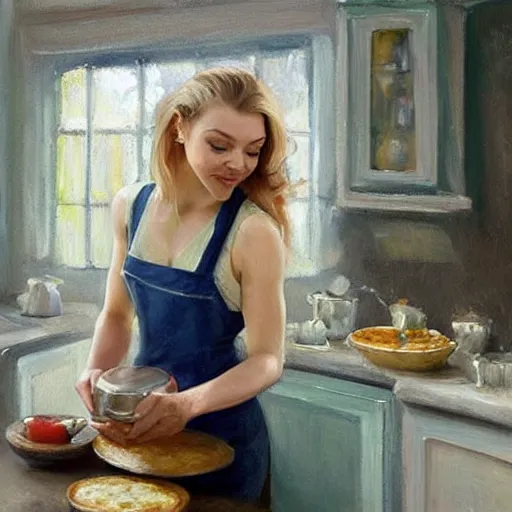 Image similar to Natalie Dormer making breakfast for her husband painting by Vladimir Volegov