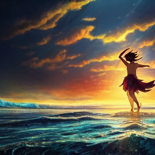 Prompt: A child dancing on water, evokes feelings of joy, beautiful flowing fabric, sunset, dramatic angle, realistic and detailed, by studio trigger, pixiv dslr photo by Makoto Shinkai rossdraws and Wojtek Fus