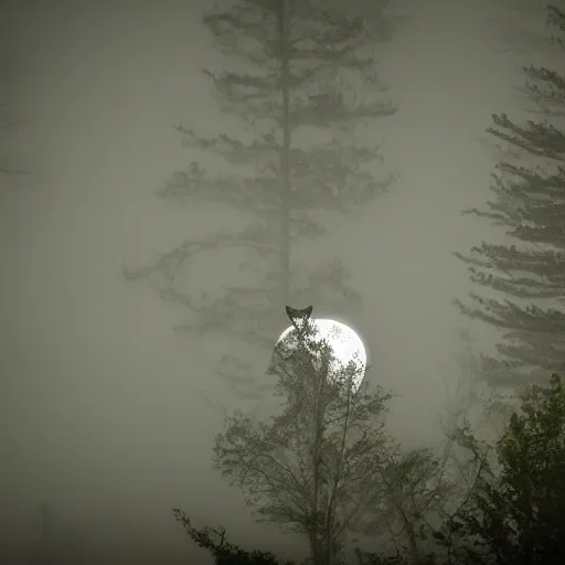 Prompt: huge owl flying at night through fog in the forest lit by the full moon fog moving through feathers