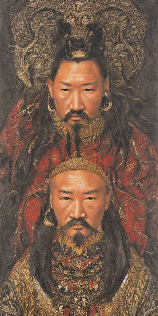 Image similar to a stunning and noble highly detailed romantic period style portrait of Genghis Khan by Josep Tapiró Baró, trending on artstation, oil painting masterpiece, symmetry, fractals, Mongolian iconography