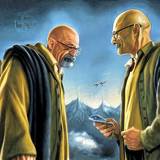 Image similar to Harry Potter and Walter White, artwork by Earl Norem,