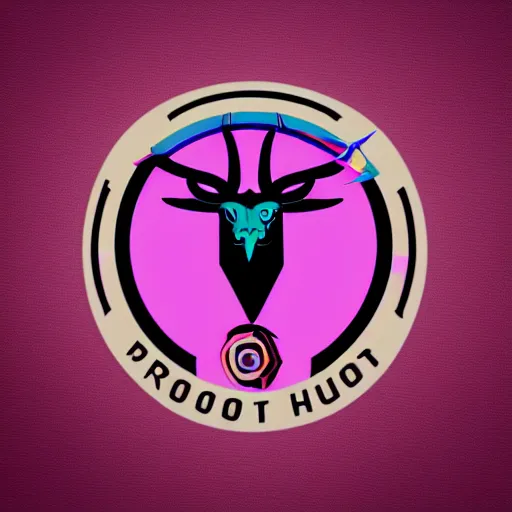 Image similar to logo for corporation called protoneo that involves deer head, symmetrical, retro pink synthwave style, retro sci fi