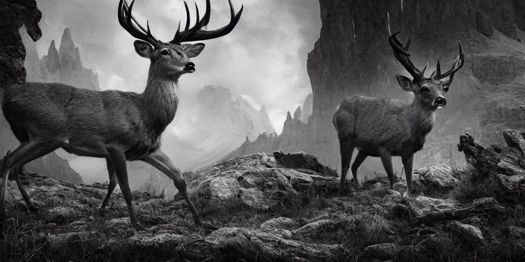 Prompt: rotting deer, dolomites, alpine, detailed intricate insanely detailed octane render, 8k artistic 1920s photography, photorealistic, black and white, chiaroscuro, hd, by David Cronenberg, Raphael, Caravaggio