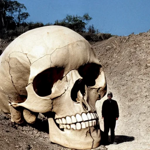 Image similar to Giant skull found at excavation site, a scientist stands next to the skull and is dwarfed by it, press photo