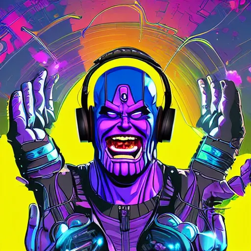 Prompt: artgerm, psychedelic laughing cybertronic thanos, rocking out, headphones dj rave, digital artwork, r. crumb, svg vector