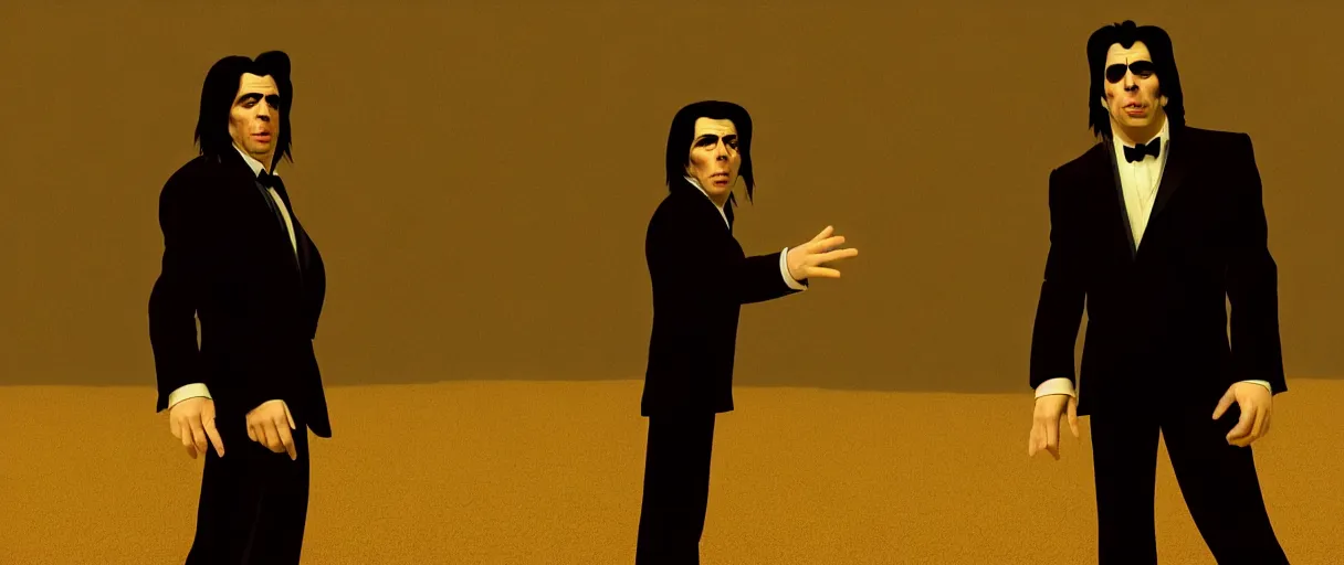 Prompt: john travolta as vincent vega suprised gesture nobody there ghost town tumbleweed bushes on ground shrugging hand at waist level. standing in black suit high noon golden ratio, 4 k, detailed, art gorillaz style by jamie hewlett and greg rutkowsky, trending on artstation, cinematic lighting, filmic grain, golden hour, detailed, 4 k
