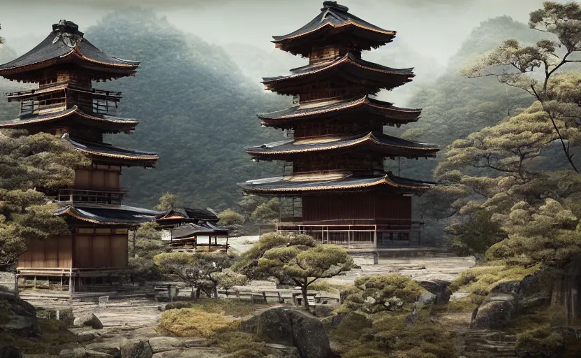 Image similar to highly detailed painting of old, ruined, fractured japanese pagoda from sengoku period, surrounded by dense rock formations, high in mountains, cinematic lighting, photobash, unreal engine render, nanite, raytracing, volumetric lighting