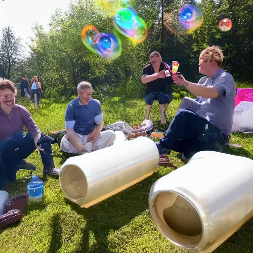 Prompt: bubble machine blowing out turds onto the conservative cabinet having a picnic on a sunny hill