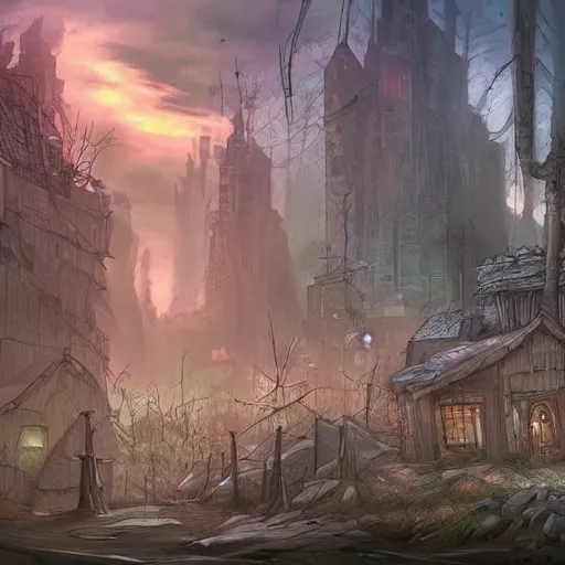 Prompt: A post-apocalyptic village in fairy tale forest in the style of cyberpunk in the style of dark fantasy art Trending on artstation DeviantArt Pinterest detailed realistic HD 8k High Resolution