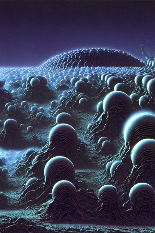Prompt: terrifying mechanical clouds over alien planet by thomas ligotti and wayne barlowe